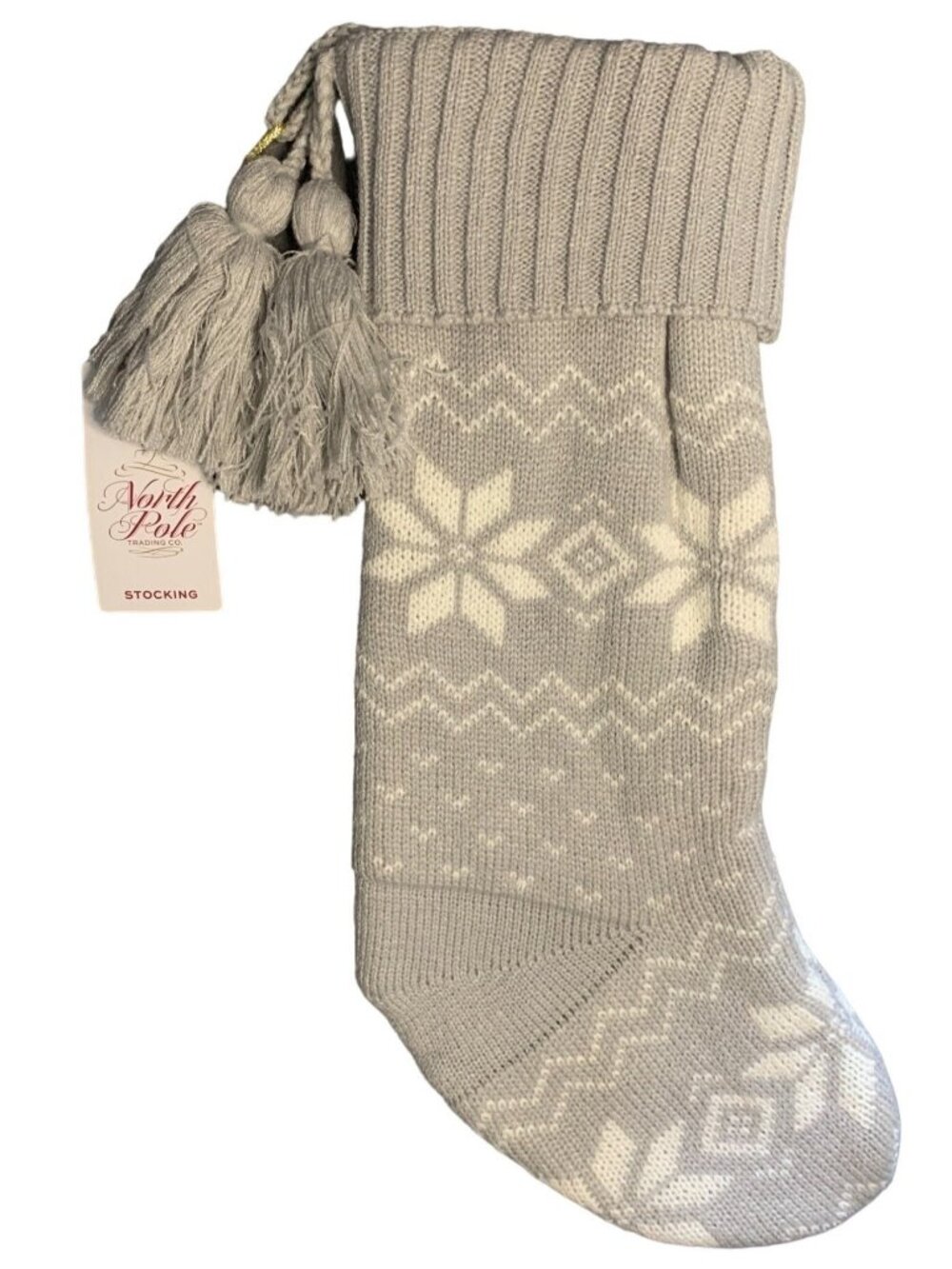 North Pole Trading Gray Snowflake Knit Stocking Lined Tassels - New